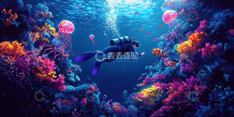 高清大图下载【趣麦麦图】潜水员与珊瑚礁
