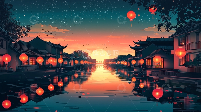 高清大图下载【趣麦麦图】日落余晖下的江南水乡