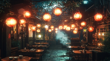 昏暗灯光下的户外餐厅