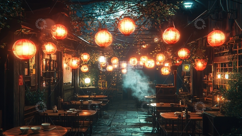 高清大图下载【趣麦麦图】昏暗灯光下的户外餐厅