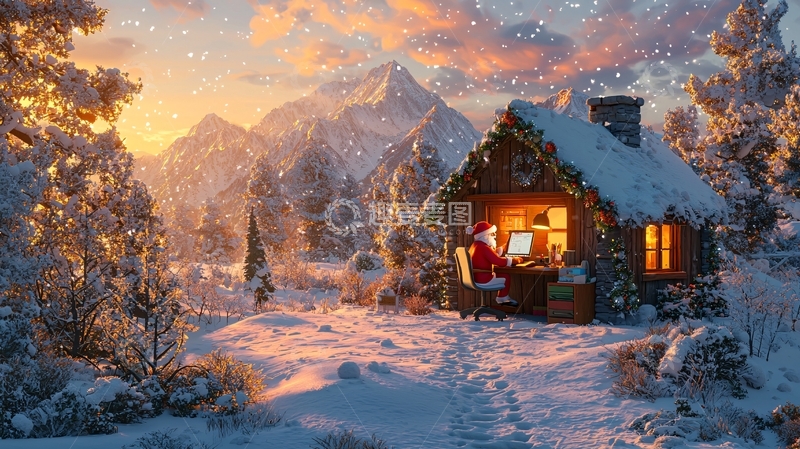 高清大图下载【趣麦麦图】雪山日落下的圣诞小屋