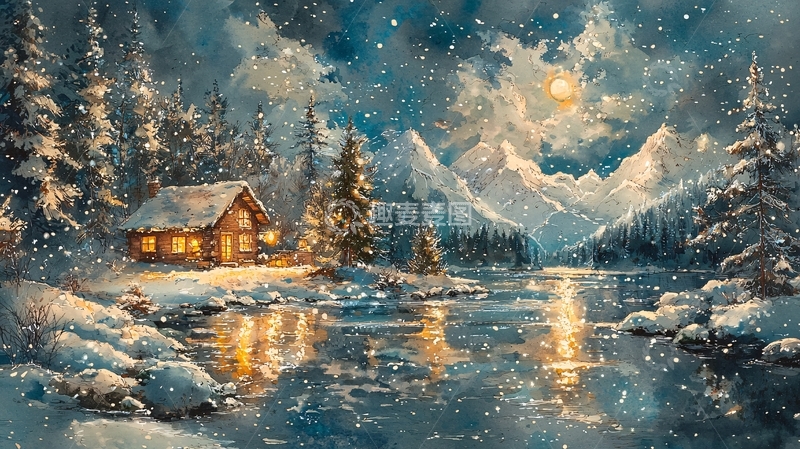 高清大图下载【趣麦麦图】冬夜雪景小屋