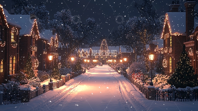 高清大图下载【趣麦麦图】下雪的圣诞小镇街道