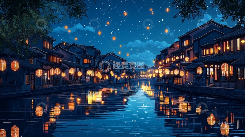 高清大图下载【趣麦麦图】夜色朦胧的江南水乡