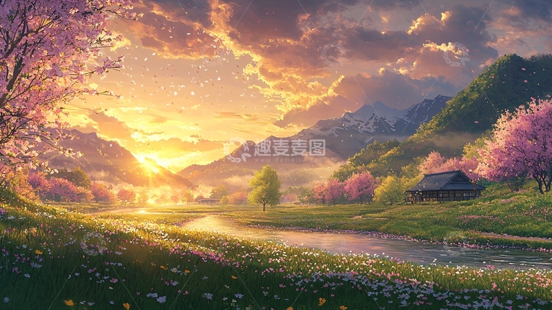 高清大图下载【趣麦麦图】春日山谷落日余晖