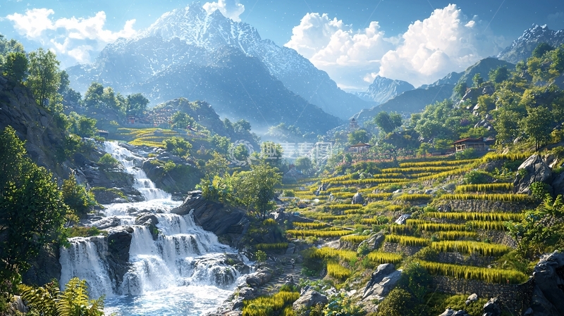 高清大图下载【趣麦麦图】雪山瀑布梯田风景