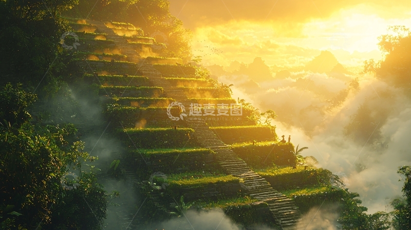 高清大图下载【趣麦麦图】金色阳光下的梯田