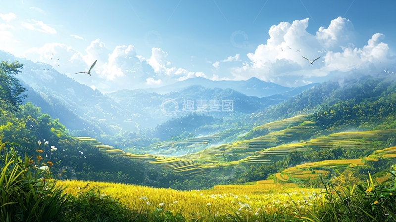 高清大图下载【趣麦麦图】阳光明媚的山谷田园风光