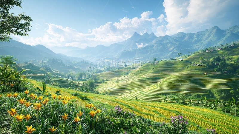 高清大图下载【趣麦麦图】阳光下的梯田山峦
