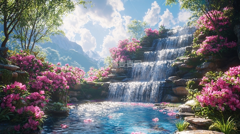 高清大图下载【趣麦麦图】鲜花簇拥的瀑布美景