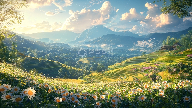 高清大图下载【趣麦麦图】阳光下的山峦田园