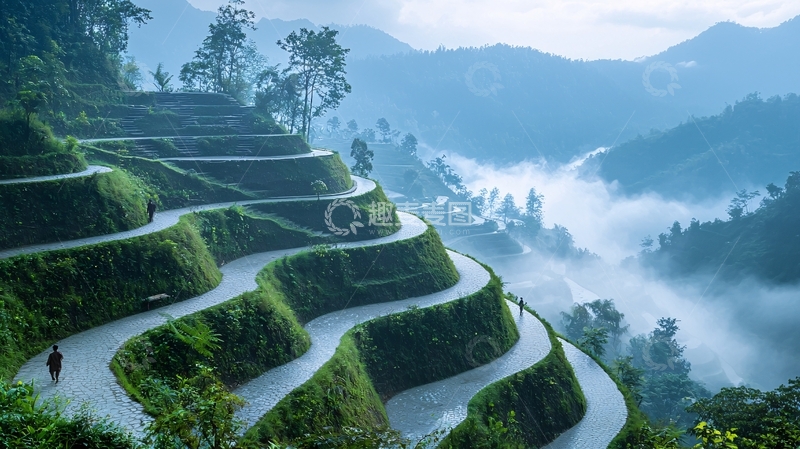 高清大图下载【趣麦麦图】山路蜿蜒梯田云海