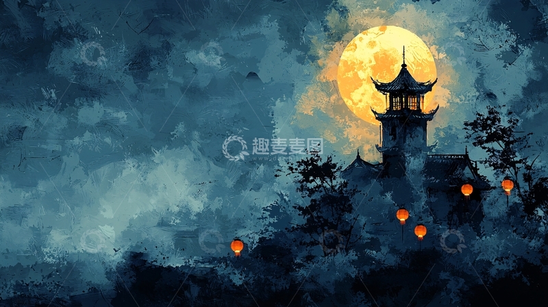 高清大图下载【趣麦麦图】水墨画风格夜景