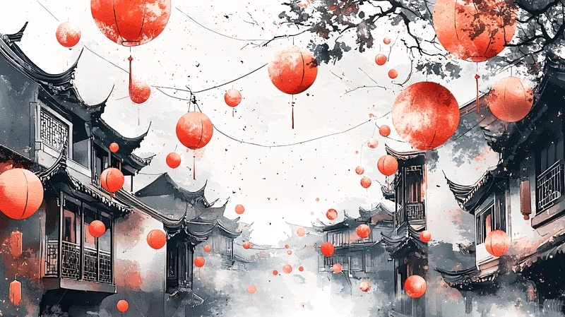高清大图下载【趣麦麦图】水墨画风格古镇红灯笼
