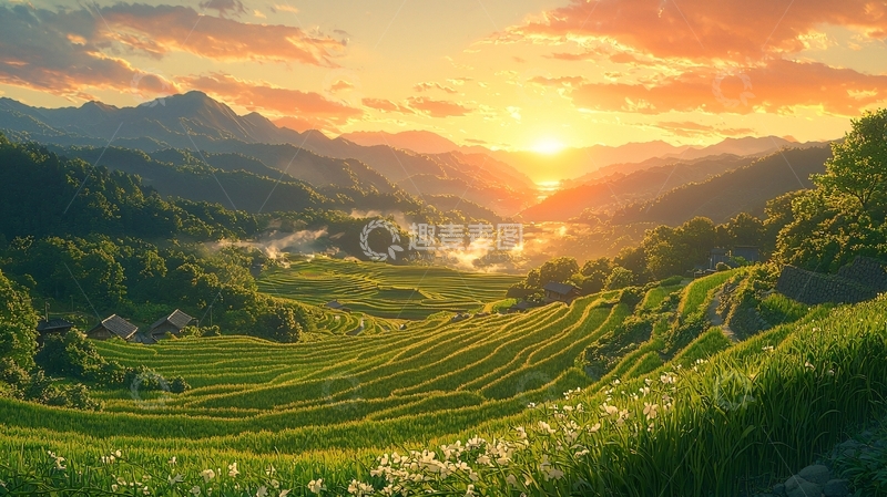 高清大图下载【趣麦麦图】夕阳下的梯田美景