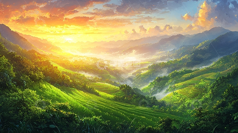 高清大图下载【趣麦麦图】日出山谷梯田美景