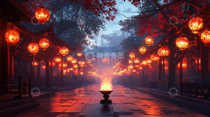 高清大图下载【趣麦麦图】红灯笼古道夜景
