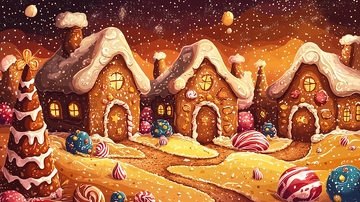 姜饼屋村庄冬夜雪景