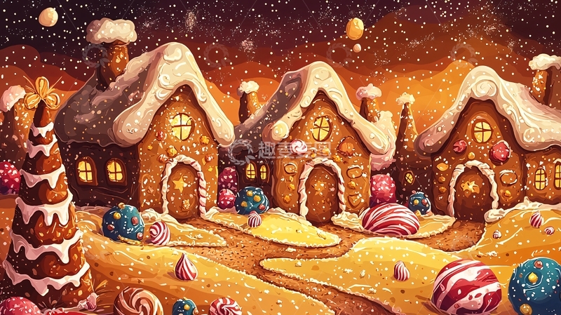 高清大图下载【趣麦麦图】姜饼屋村庄冬夜雪景