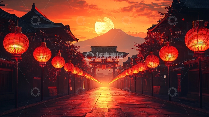 高清大图下载【趣麦麦图】日式红灯笼街道夜景
