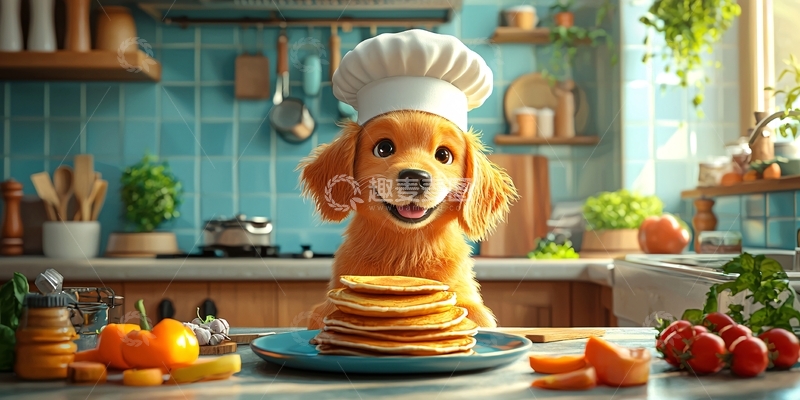 高清大图下载【趣麦麦图】戴厨师帽的金毛犬