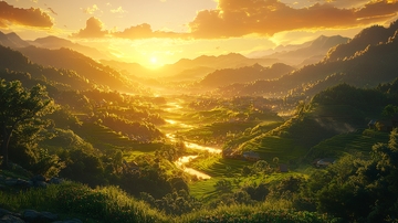 日出山谷河流田园风光