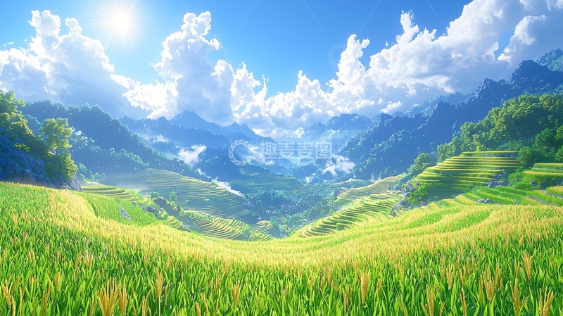 高清大图下载【趣麦麦图】阳光明媚的山谷梯田