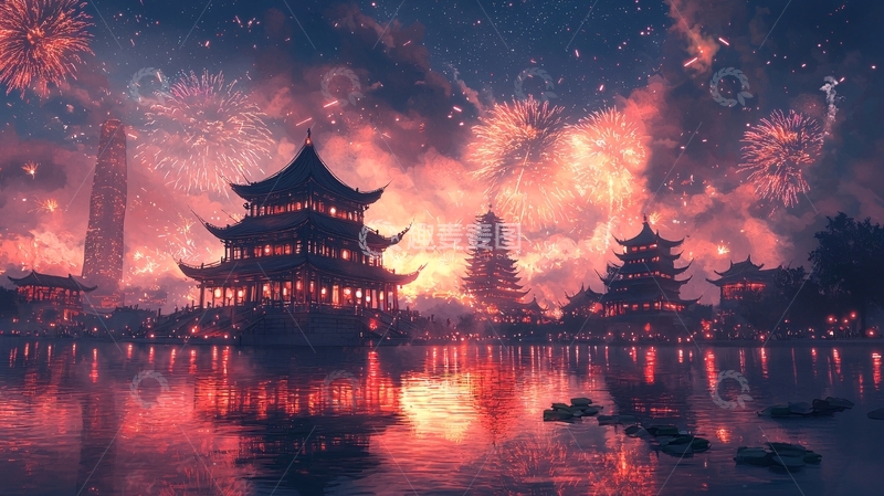 高清大图下载【趣麦麦图】夜空焰火古建筑倒影