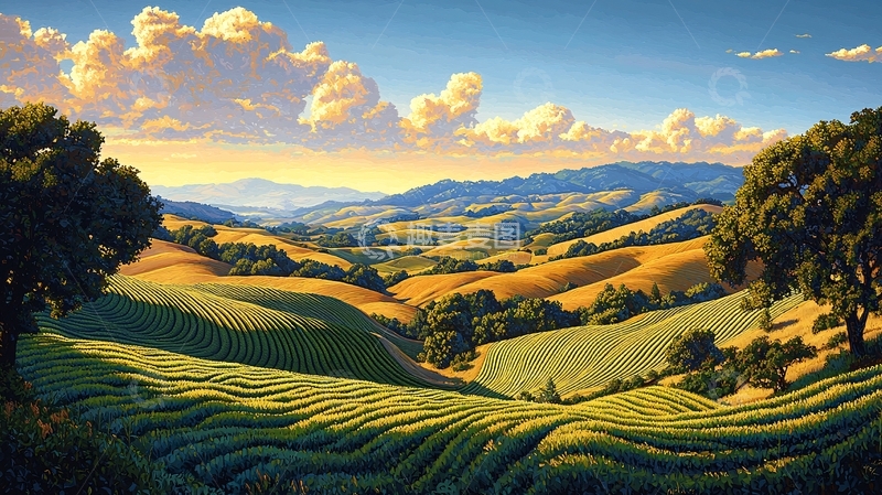 高清大图下载【趣麦麦图】阳光下的丘陵田园风光