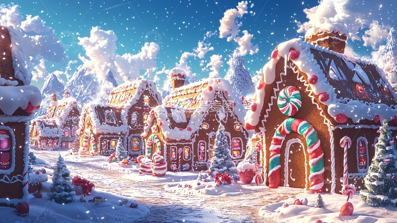 高清大图下载【趣麦麦图】冬日姜饼屋雪景村庄