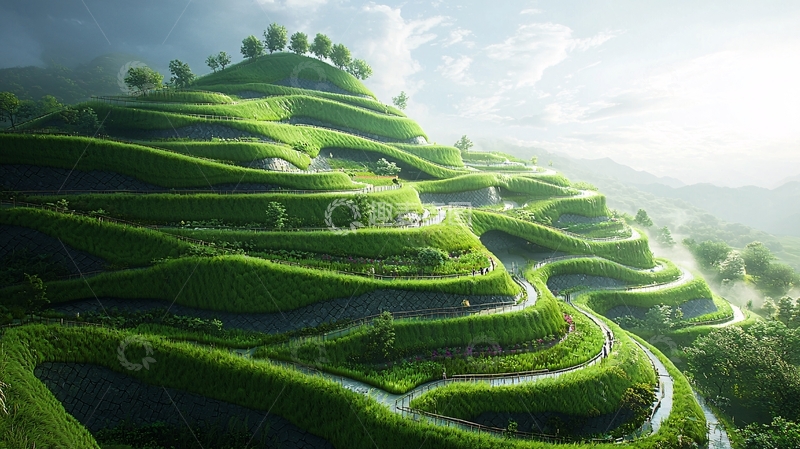 高清大图下载【趣麦麦图】绿意盎然的梯田山峦