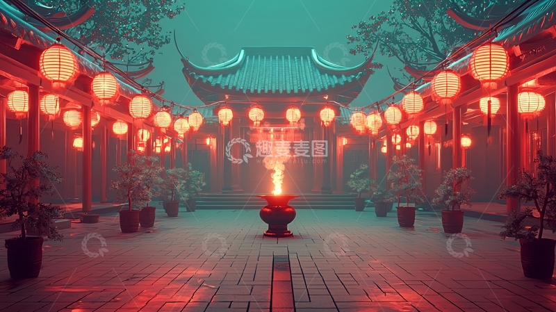 高清大图下载【趣麦麦图】中式庭院夜景