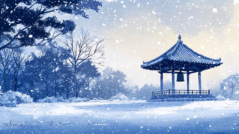 高清大图下载【趣麦麦图】冬日雪景下的亭台楼阁