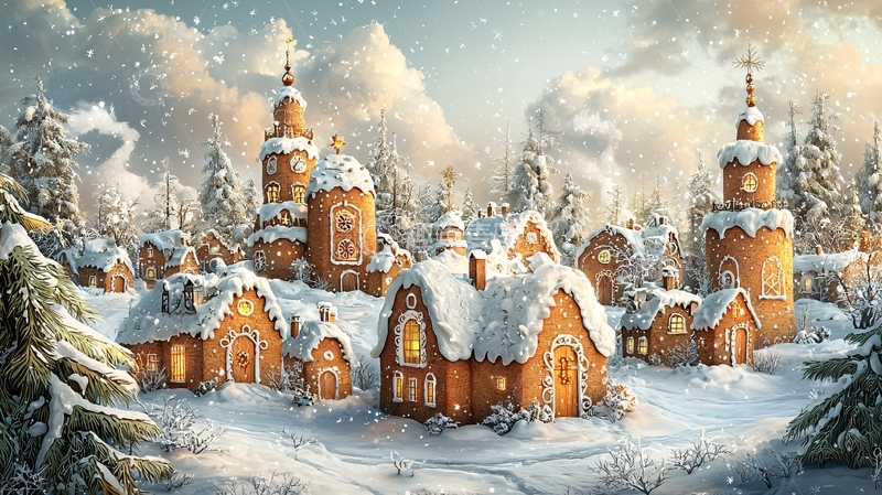 高清大图下载【趣麦麦图】冬季姜饼屋村庄