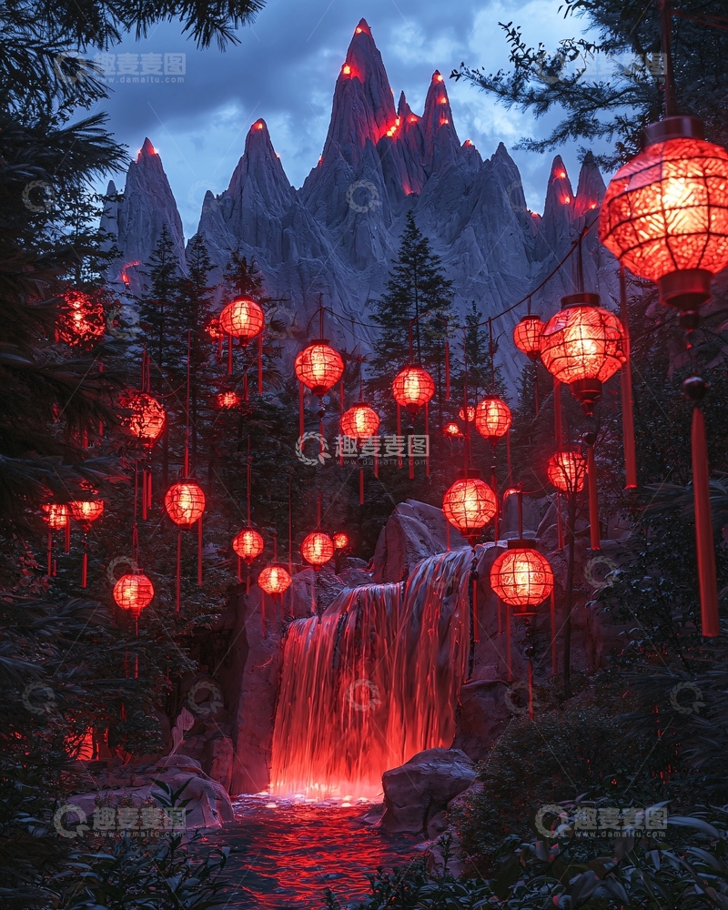 高清大图下载【趣麦麦图】梦幻红灯笼山峰瀑布