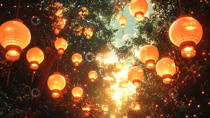 高清大图下载【趣麦麦图】树林里挂满温暖灯笼