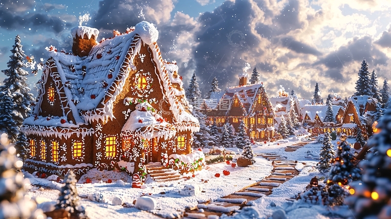 高清大图下载【趣麦麦图】冬季姜饼屋村庄