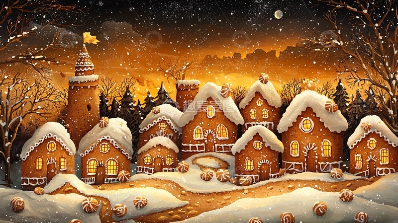 高清大图下载【趣麦麦图】冬夜姜饼屋村庄