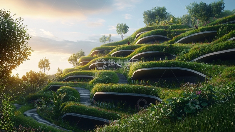 高清大图下载【趣麦麦图】山坡上的绿色建筑
