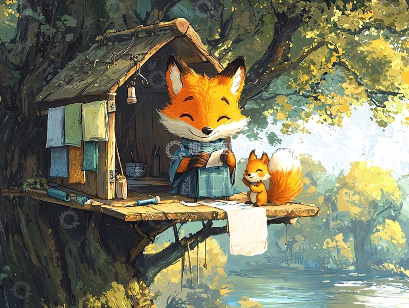 高清大图下载【趣麦麦图】狐狸在树屋里编织