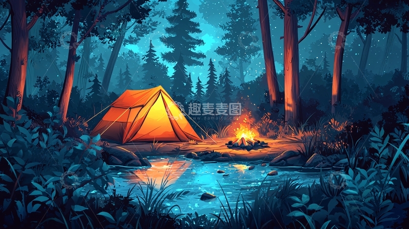 高清大图下载【趣麦麦图】夜晚森林露营