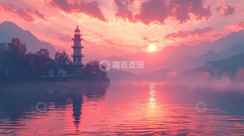 高清大图下载【趣麦麦图】粉红色日落下的湖边灯塔