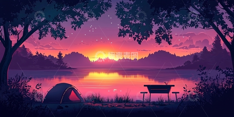 高清大图下载【趣麦麦图】湖边日落营地