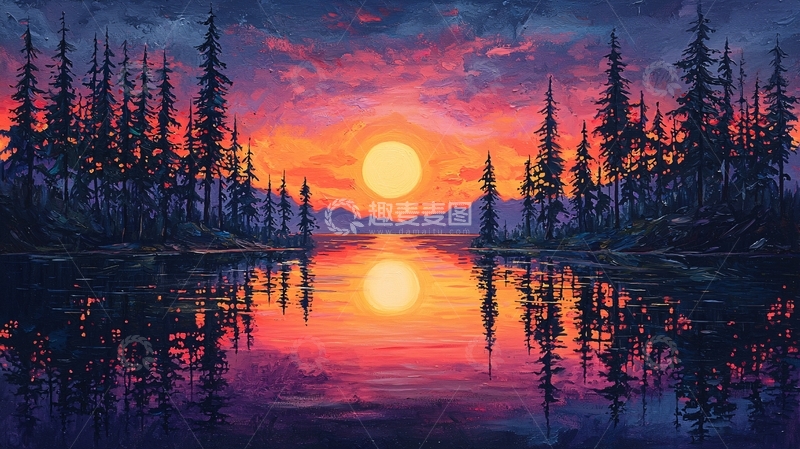 高清大图下载【趣麦麦图】夕阳西下湖光倒影