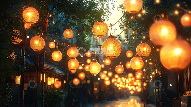 高清大图下载【趣麦麦图】夜晚街道悬挂灯笼