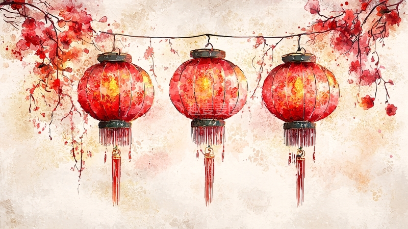 高清大图下载【趣麦麦图】红灯笼水彩画