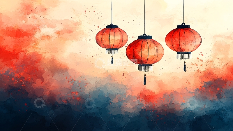 高清大图下载【趣麦麦图】水彩红灯笼