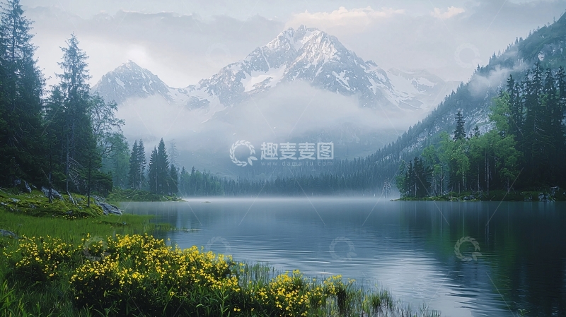 高清大图下载【趣麦麦图】山峰湖泊清晨雾气