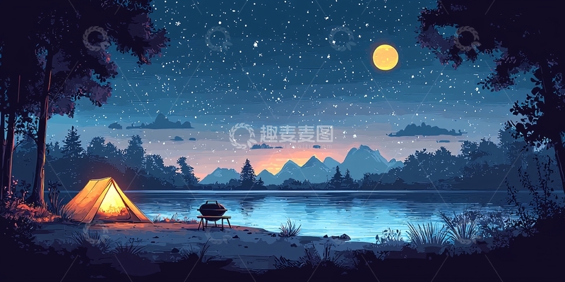 高清大图下载【趣麦麦图】湖边星空下的露营