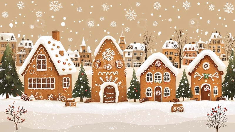 高清大图下载【趣麦麦图】圣诞姜饼屋雪景小镇